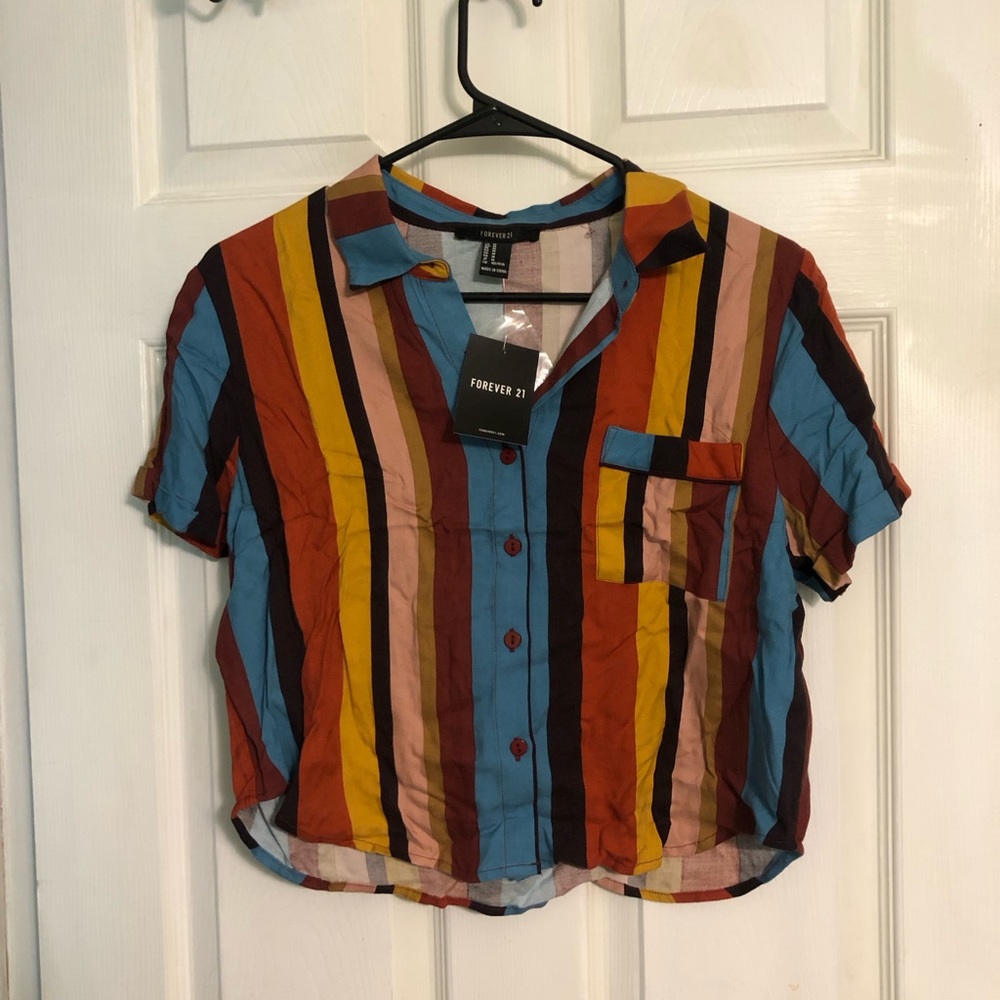 COPY - Forever 21 collar stripe crop button up short sleeve shirt